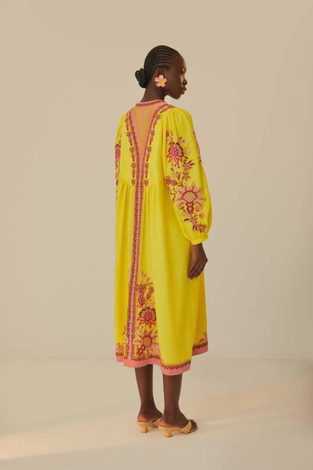 Yellow Embroidered Garden Tapestry Midi Dress Women FARM Rio Midi Dresses