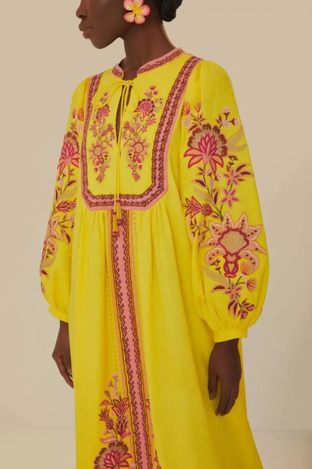 Yellow Embroidered Garden Tapestry Midi Dress Women FARM Rio Midi Dresses