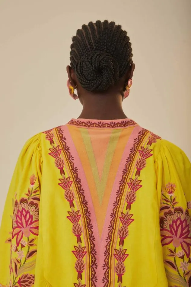 Yellow Embroidered Garden Tapestry Midi Dress Women FARM Rio Midi Dresses