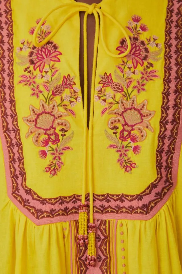 Yellow Embroidered Garden Tapestry Midi Dress Women FARM Rio Midi Dresses